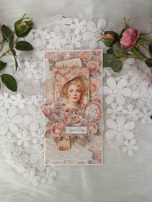 Handmade Birthday Card for Her - Vintage Floral Lady Design. (207)