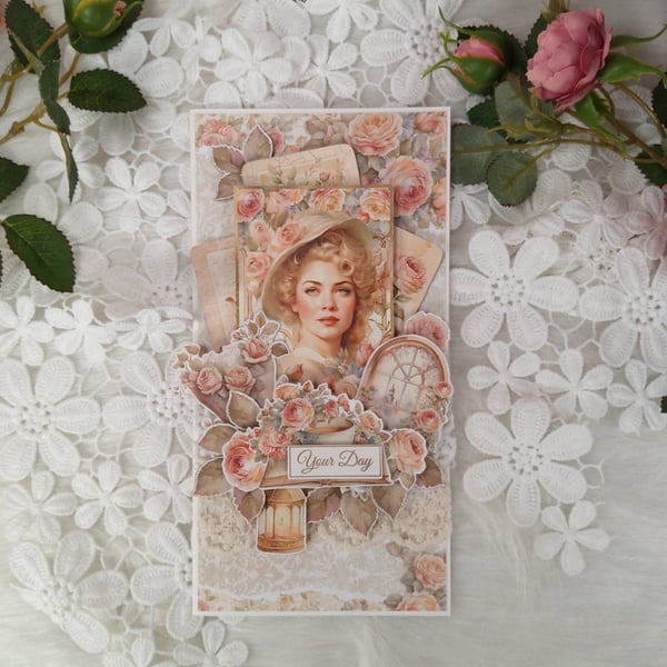 Handmade Birthday Card for Her - Vintage Floral Lady Design. (207)