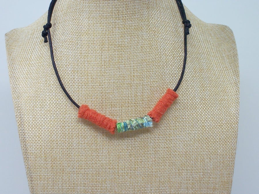 Fabric bead necklace with waxed cotton cord - Citrus