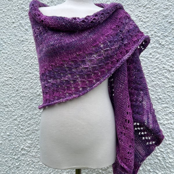 Lilacs in Bloom Merino Mohair Wool Handknitted Textured Lace Shawl Wrap