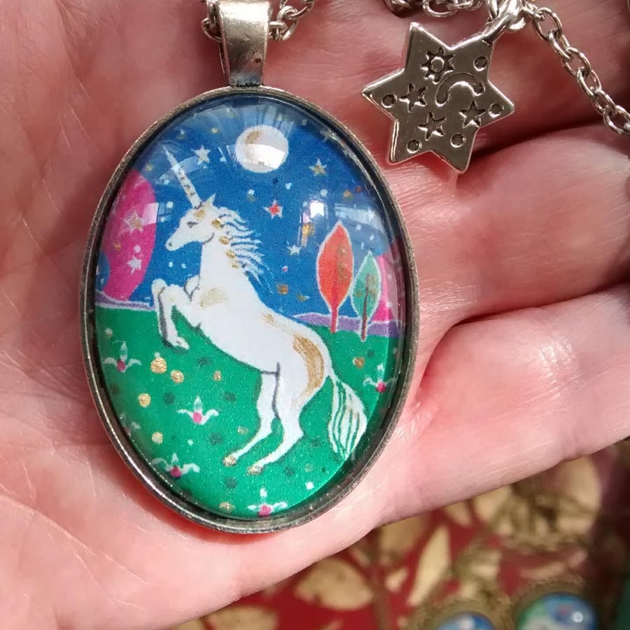 Sale! Miniature Unicorn Painting, Pendant Necklace with Star Charm