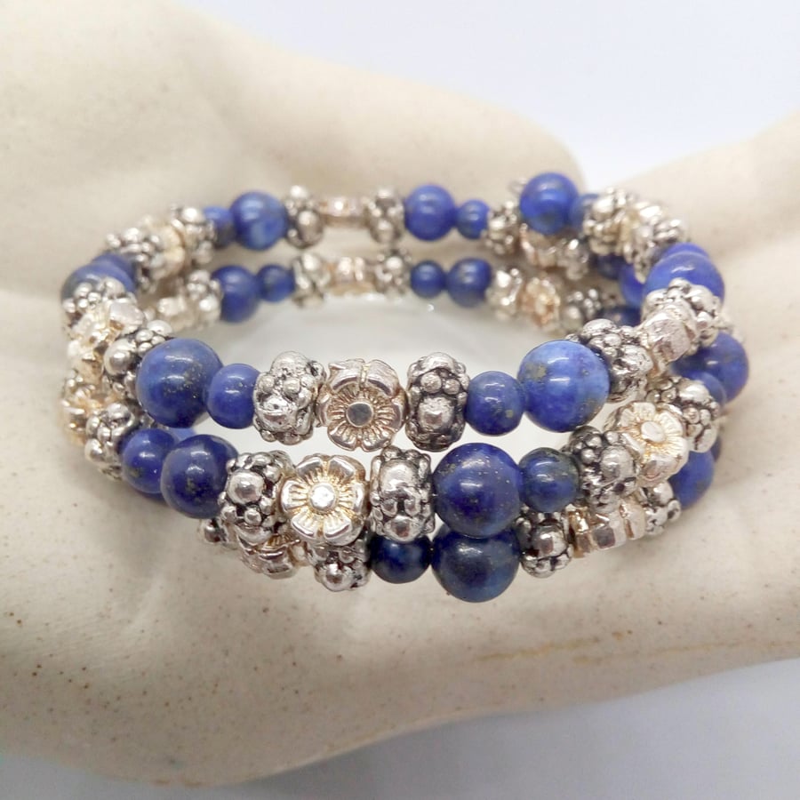 Beaded Cuff Bracelet With Silver Plated Spacers and Lapis Lazuli Beads