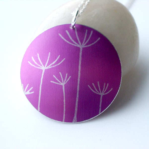 Dandelion seeds printed necklace pendant in bright pink