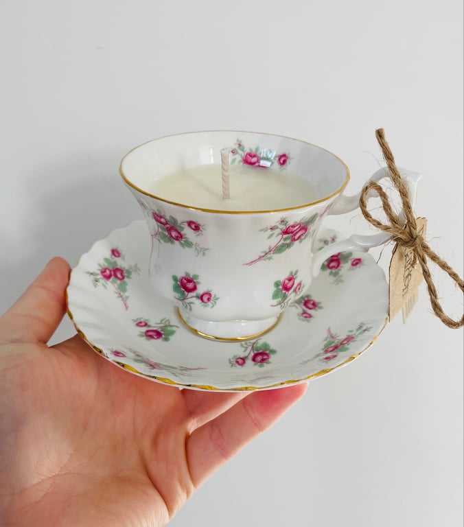 Rose Garden Tea Cup Candle with Saucer