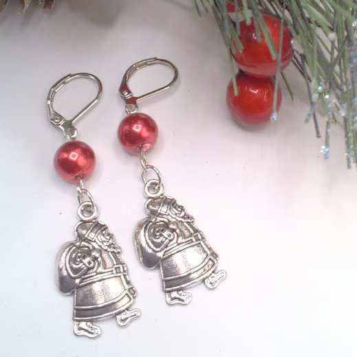 Silver Santa Charm with a Red Glass Pearl Bead  Earrings, Secret Santa Gift
