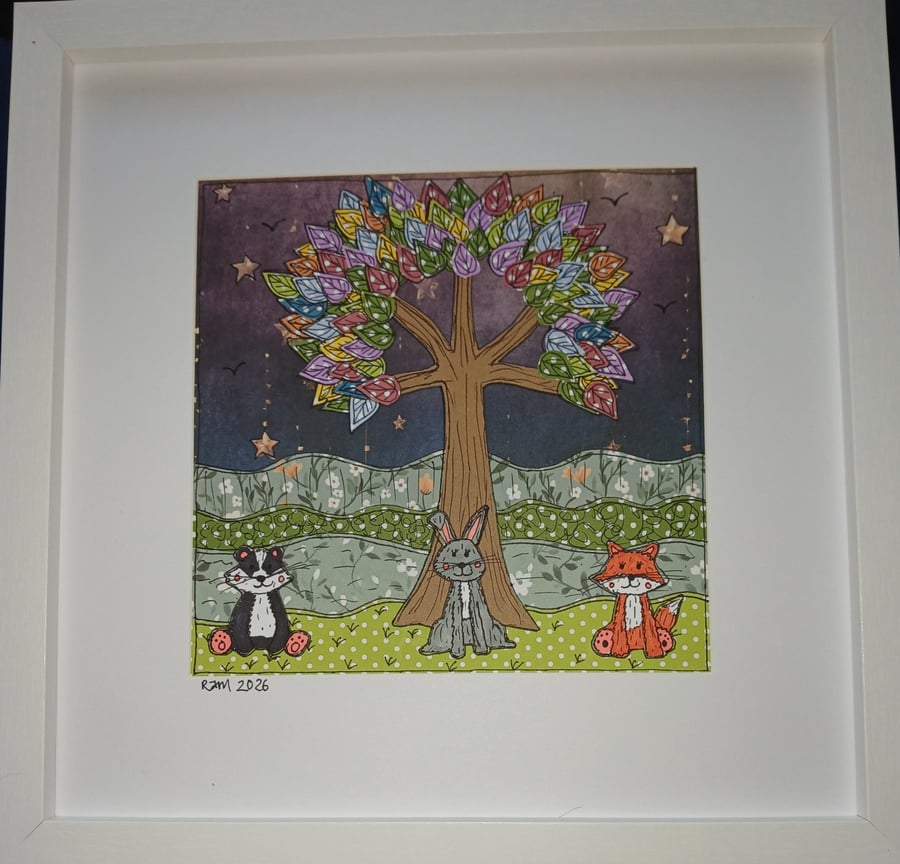 Quirky art, original handmade paper collage picture, rainbow tree with animals