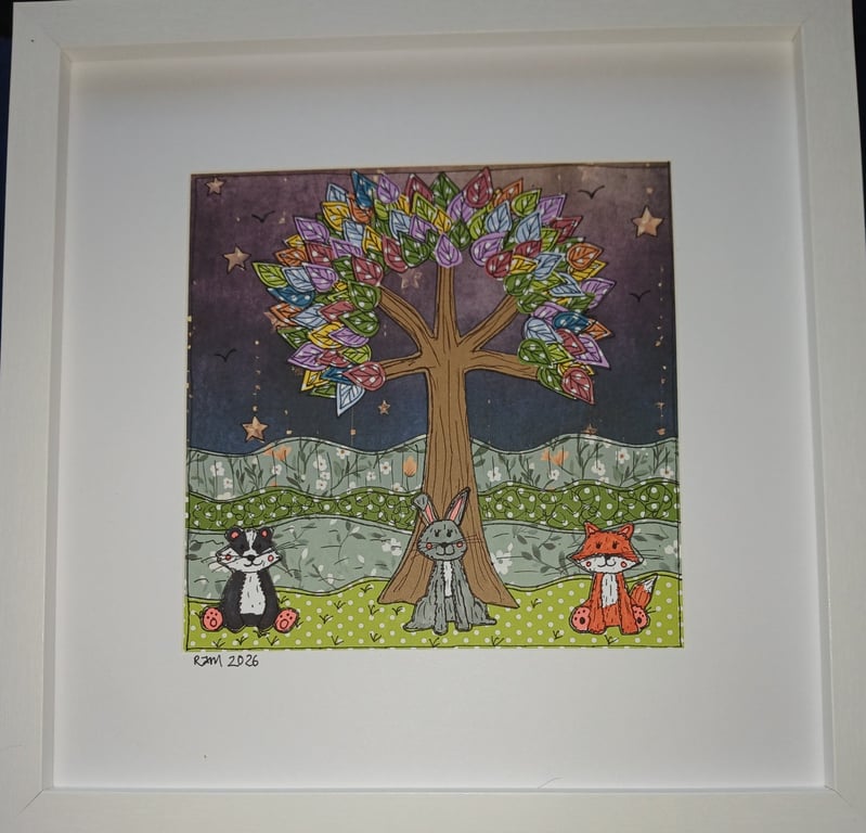 Quirky art, original handmade paper collage picture, rainbow tree with animals