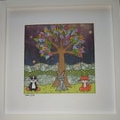 Quirky art, original handmade paper collage picture, rainbow tree with animals