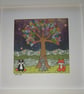 Quirky art, original handmade paper collage picture, rainbow tree with animals