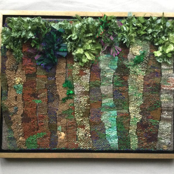 Framed handwoven tapestry weaving,  textile art in browns, greens and blues