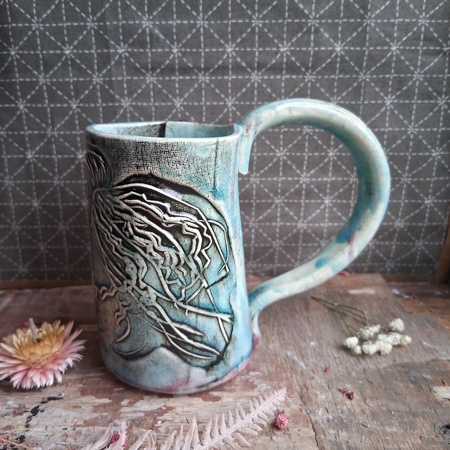 Stoneware mug jellyfish design Ceramic handmade