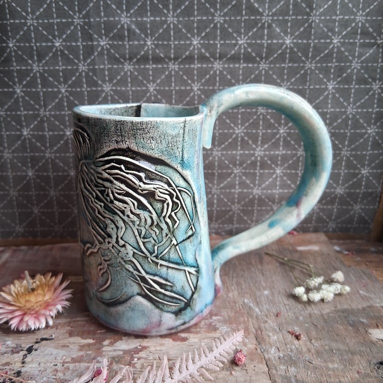 Stoneware mug jellyfish design Ceramic handmade