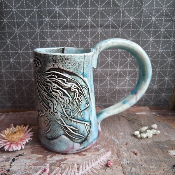 Stoneware mug jellyfish design Ceramic handmade
