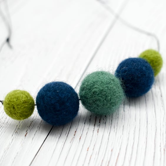Felted bead necklace in green and blue wool