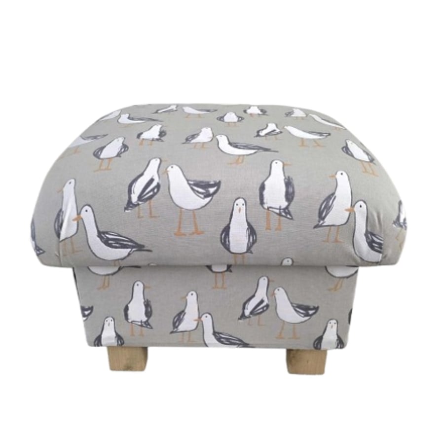 Storage Footstool Seagulls Taupe Fabric Pouffe Seaside Birds Coastal Hassock