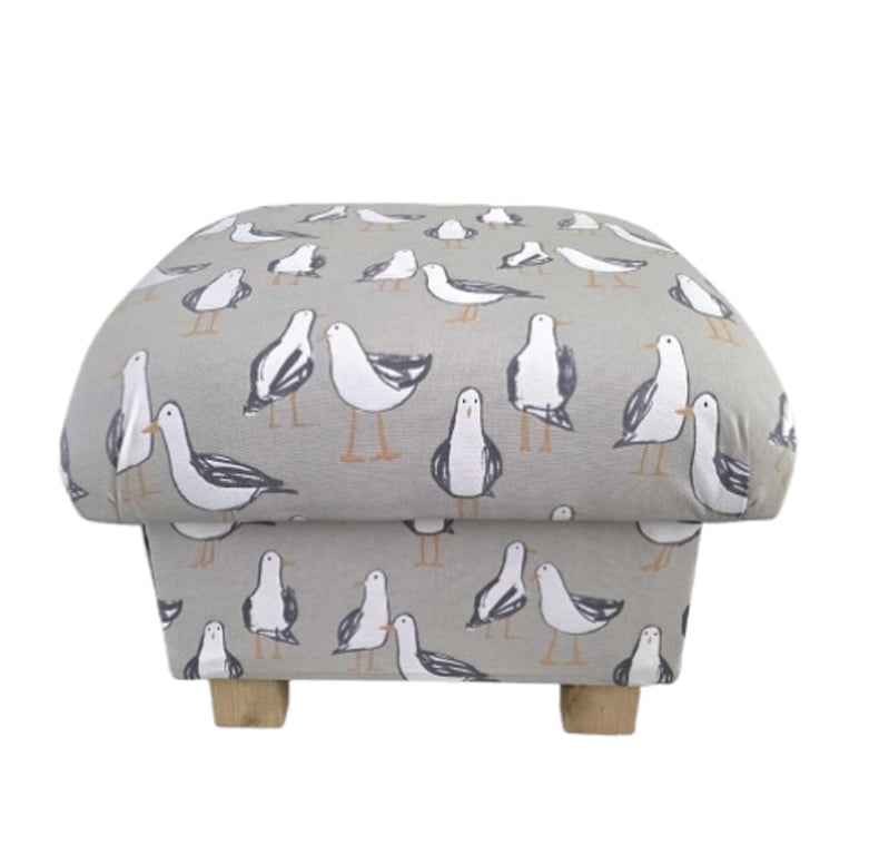 Storage Footstool Seagulls Taupe Fabric Pouffe Seaside Birds Coastal Hassock