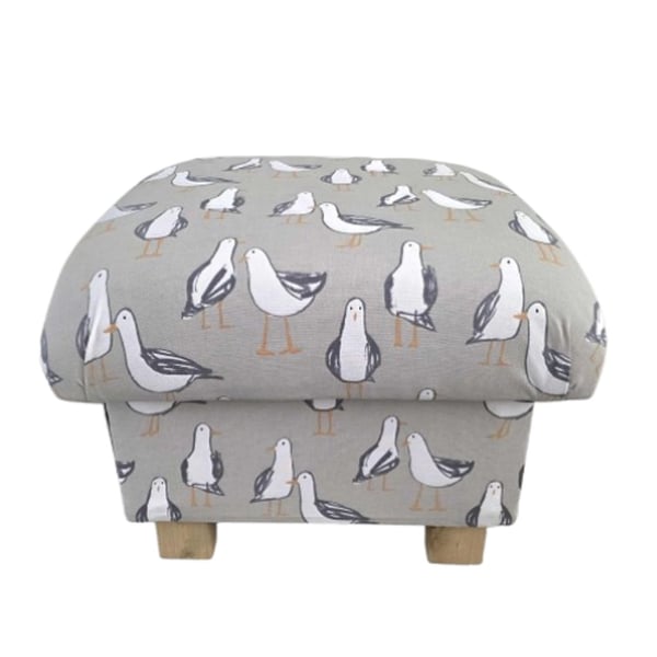 Storage Footstool Seagulls Taupe Fabric Pouffe Seaside Birds Coastal Hassock