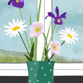 Irises and daisies - print from illustration of flowers