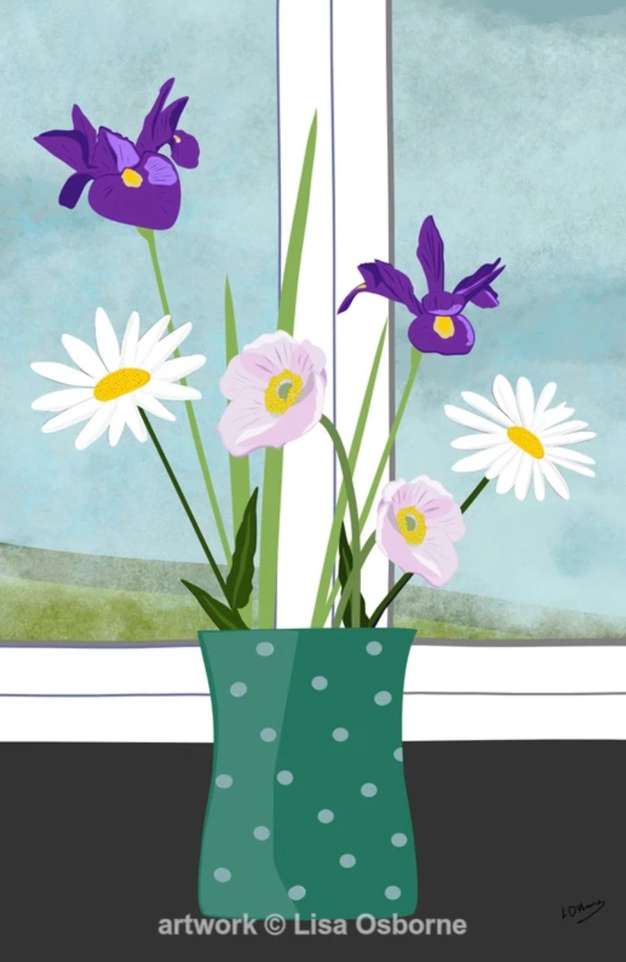 Irises and daisies - print from illustration of flowers