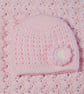 Handmade Crochet Baby Girl Hat with Floral Applique and Faux Fur Pom Pom  - Image 3
