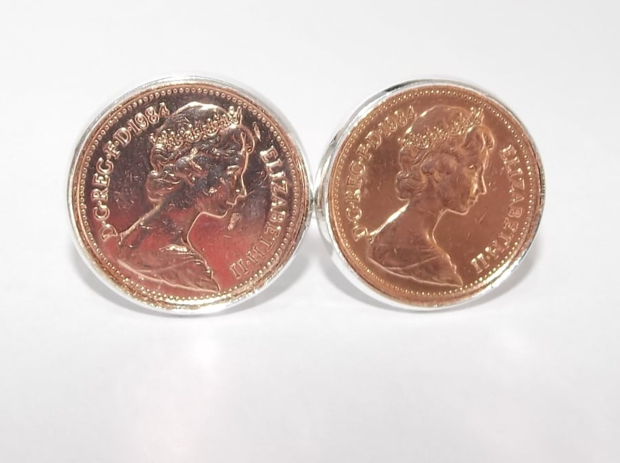 1985 36th Birthday Anniversary 1 pence coin cufflinks - One pence cufflinks from