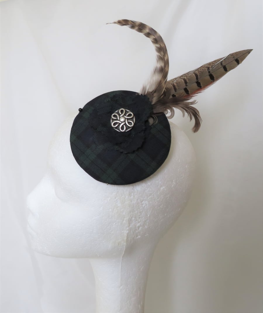 Rustic Black Watch Tartan Pheasant Feather Cocktail Hat