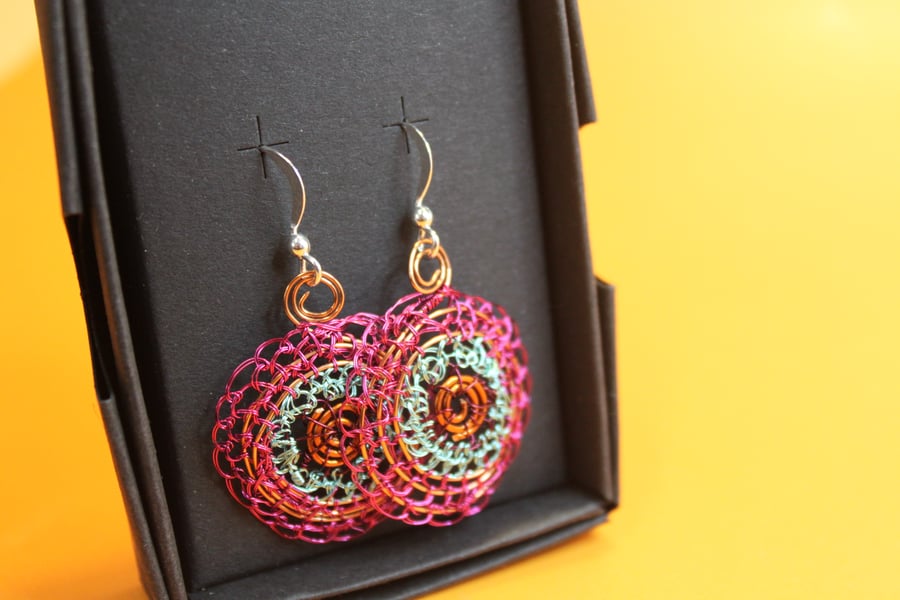 Blue, pink & copper disc earrings from recycled materials