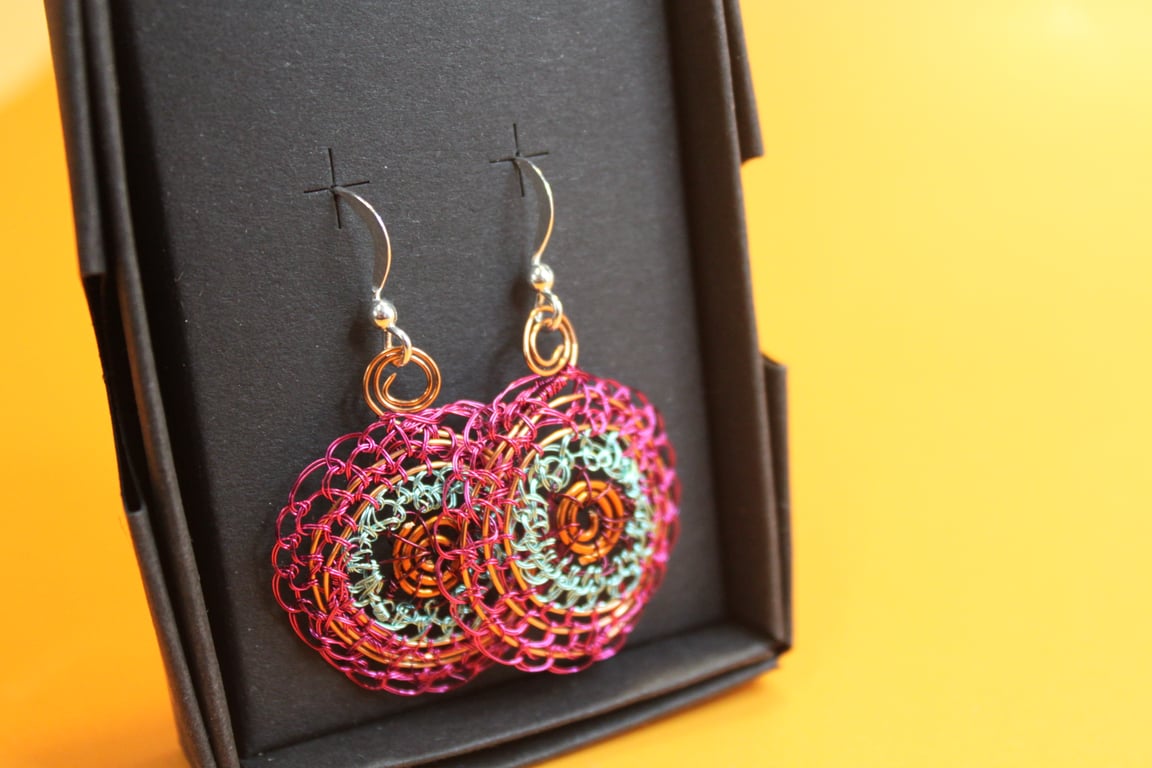 Blue, pink & copper disc earrings from recycled materials