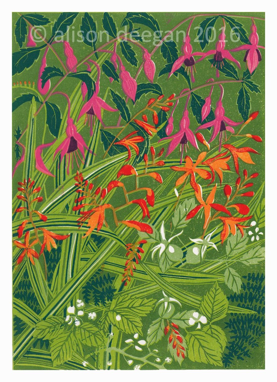 Original lino cut print KERRY HEDGEROW flowers blooms wall art