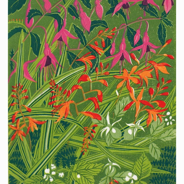 Original lino cut print KERRY HEDGEROW flowers blooms wall art