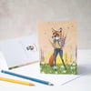 Fox with foxgloves summer illustration greeting card. A6. Blank inside.