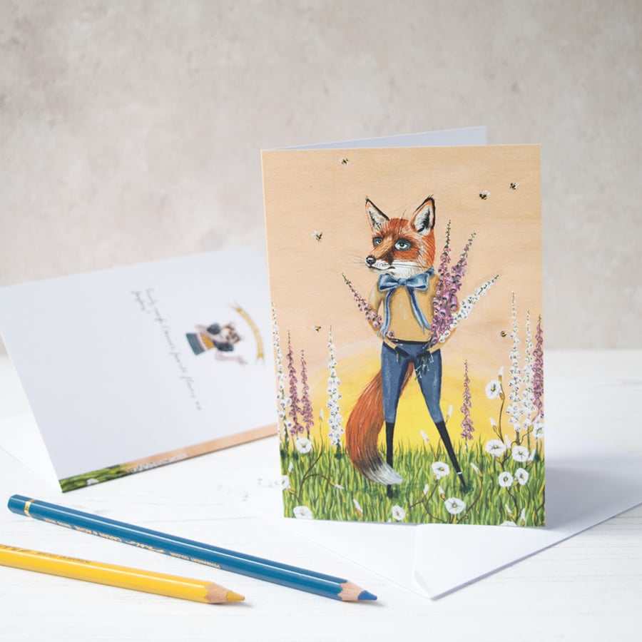 Fox with foxgloves summer illustration greeting card. A6. Blank inside.