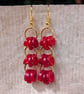 Red button earrings, gold chandelier dangle earrings  - Image 2