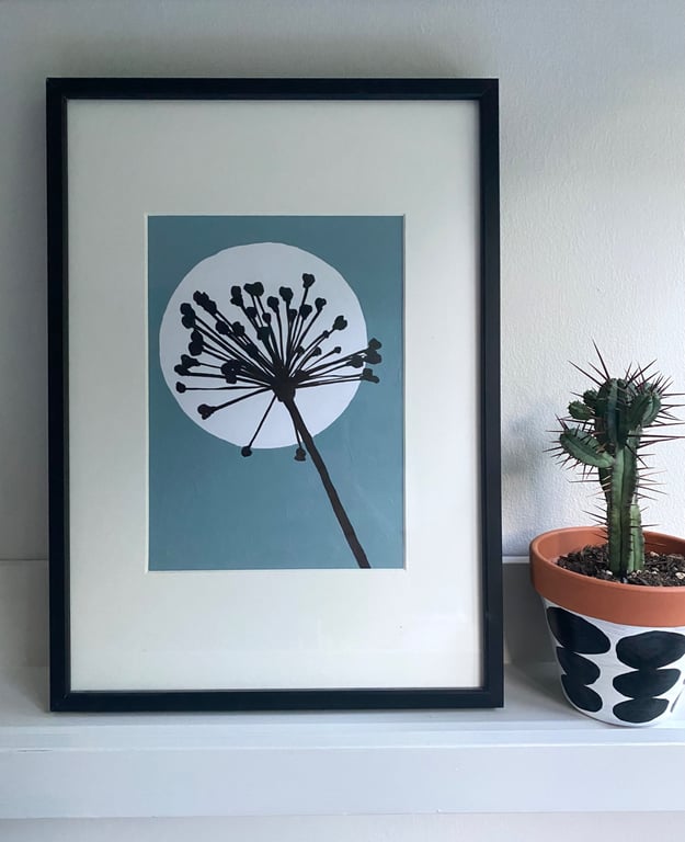 Botanical art, Garden Allium, seed head, shadow painting, handmade, signed, blue
