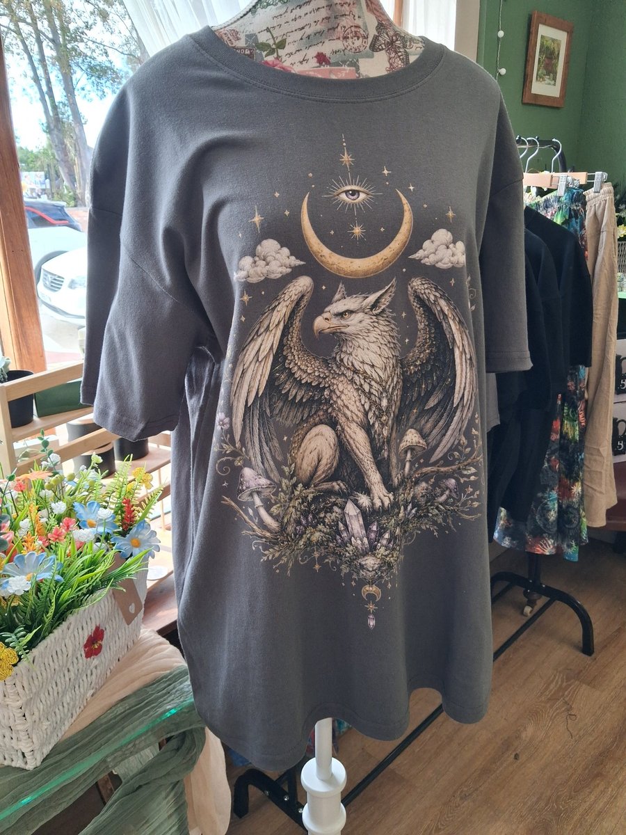 Mystic Gryphon & Moon Phases Graphic T-Shirt - Gothic Celestial Apparel