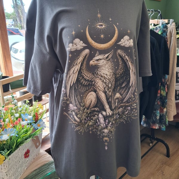 Mystic Gryphon & Moon Phases Graphic T-Shirt - Gothic Celestial Apparel