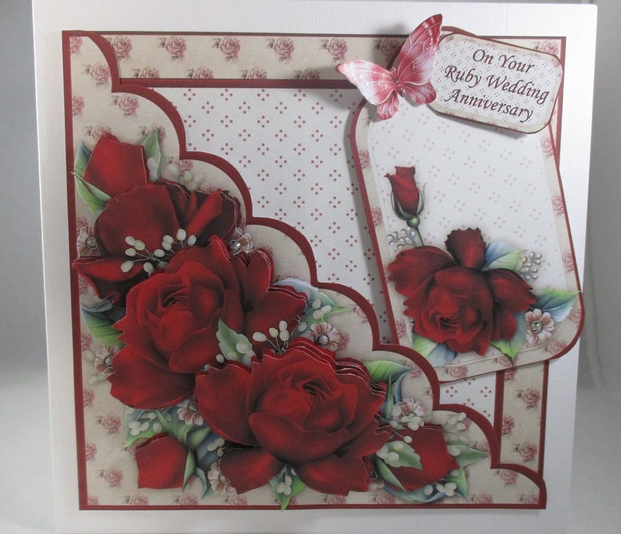 Decoupage, 3D Red Roses Ruby Anniversary Card, Birthday, Mothers Day, 