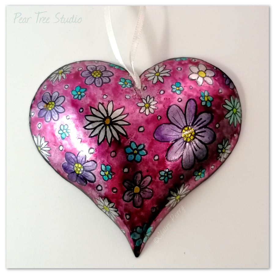 Dark Pink Embossed Metal Heart decoration with flower pattern. Hand made.