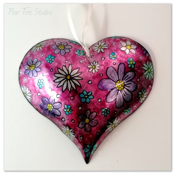 Pink Metal Heart decoration with flower pattern. Made from a coffee tin.