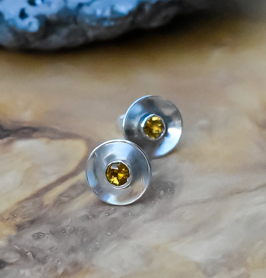 Citrine Domed Stud Earrings, Argentium 935 Silver