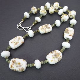 white and cream lampwork glass beaded gemstone necklace