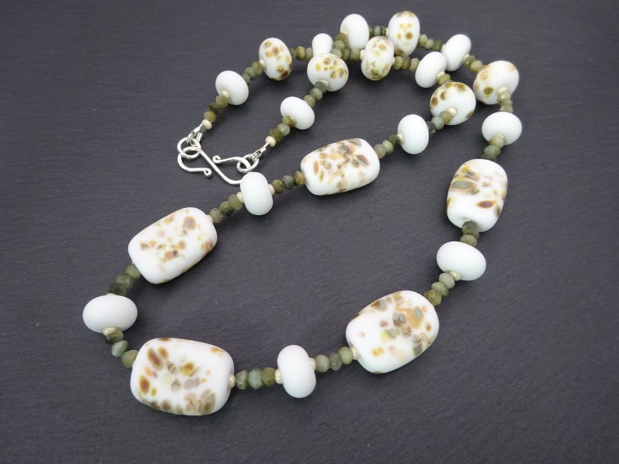 white and cream lampwork glass beaded gemstone necklace