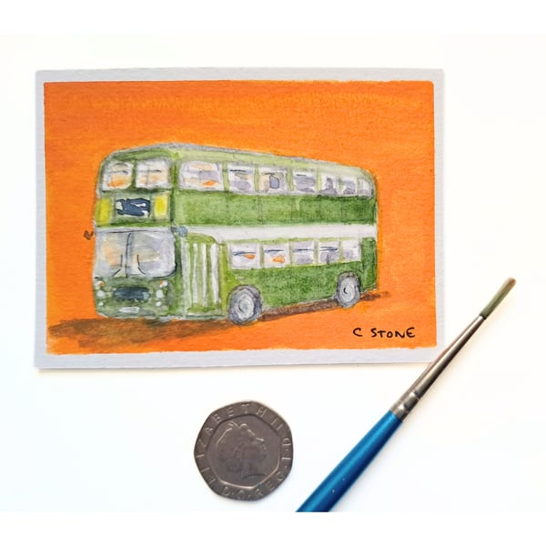 Original ACEO Miniature Watercolour Painting Bristol Double Decker Classic Bus