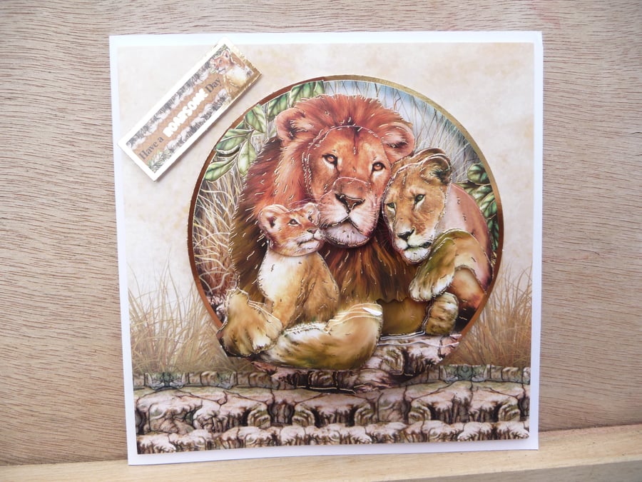Wildlife birthday card decoupaged lion greetings