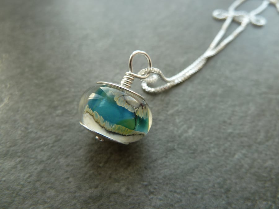 sterling silver chain, blue and ivory lampwork glass