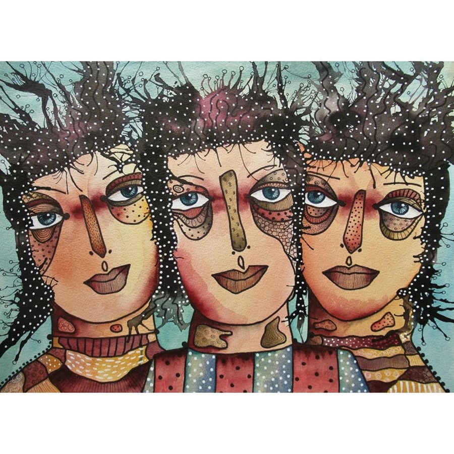 Faces Painting Watercolour Quirky Portrait Art Figurative Figures Illustration