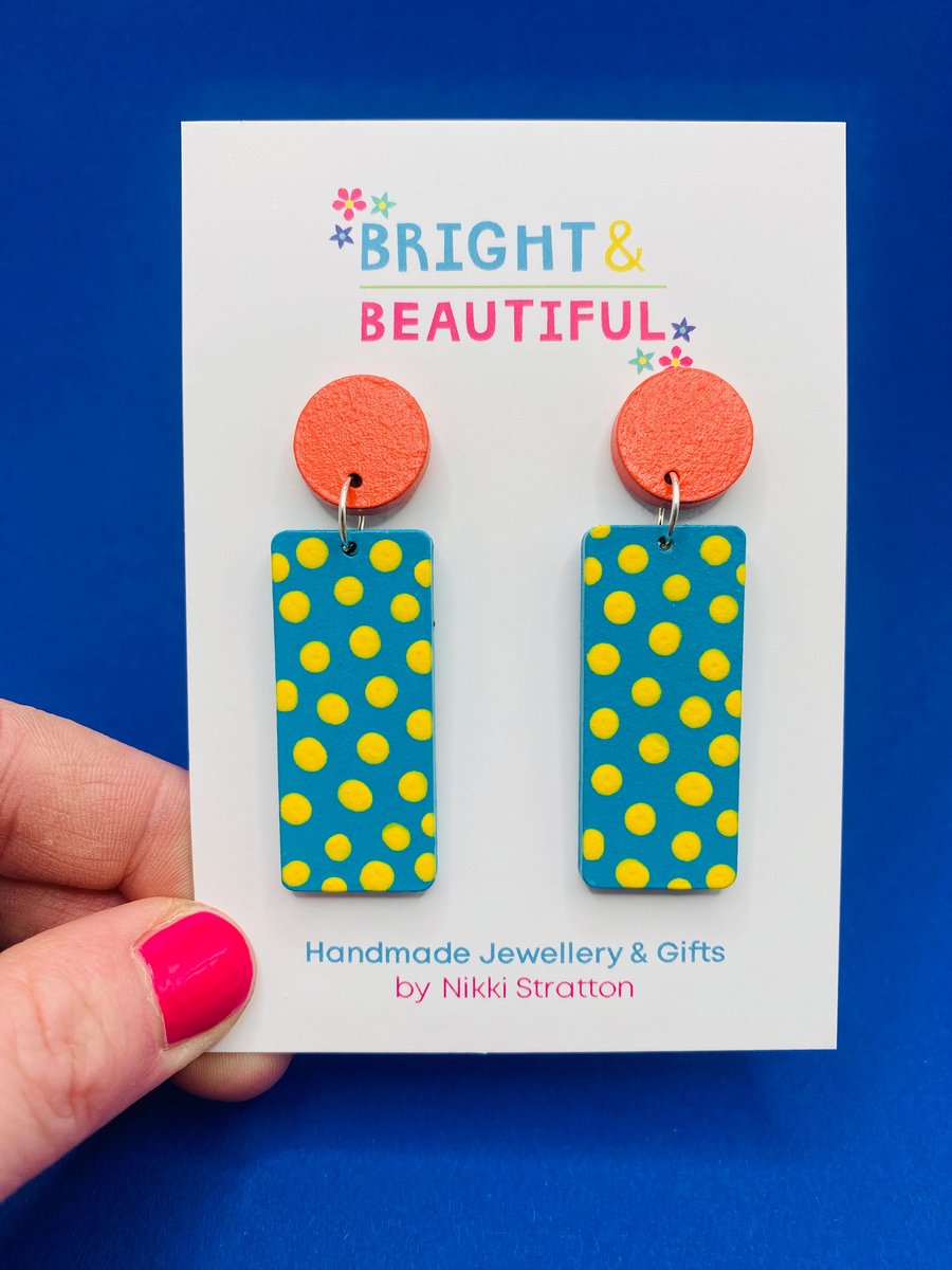 Coral, turquoise and yellow hand painted wooden earrings
