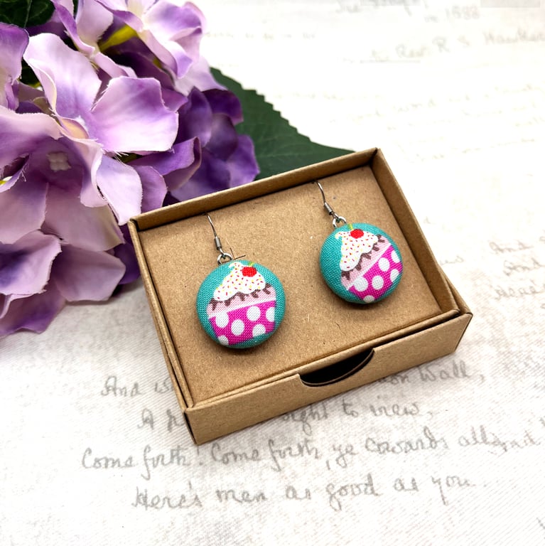 Ice cream sundae earrings summer jewellery gifts fabric button earrings
