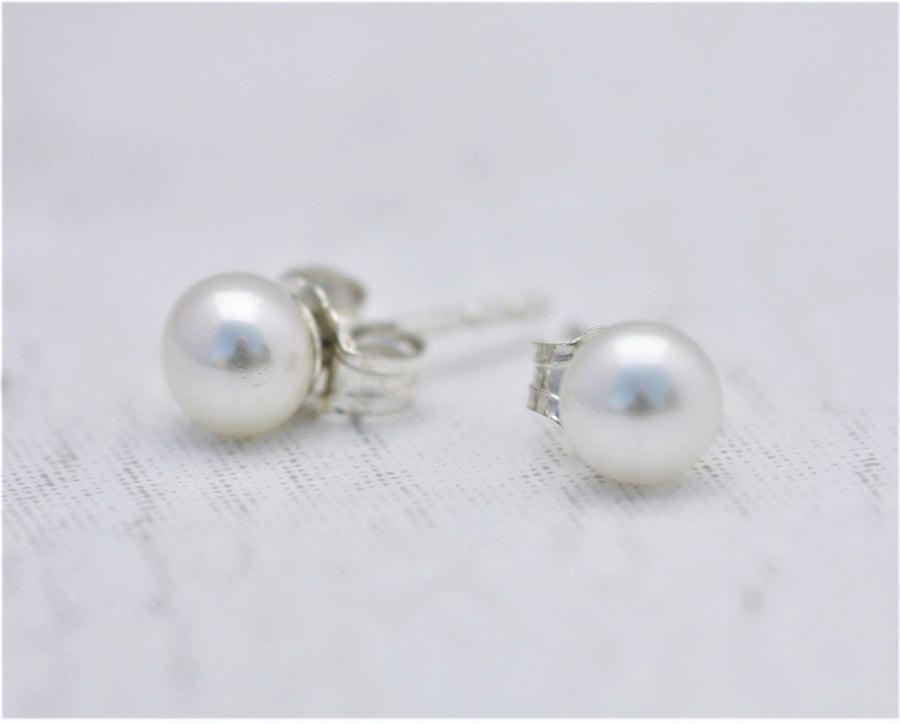 Ivory Freshwater Pearl Sterling Silver Earrings 5mm, Bridal Studs