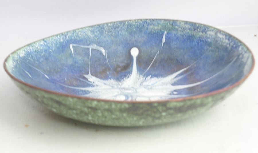 Large dish - enamel - light blue scrolled white